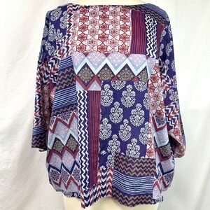 J JILL Patchwork 100% Organic Cotton Oversized Boxy Blouse 3/4 Sleeve Women's L